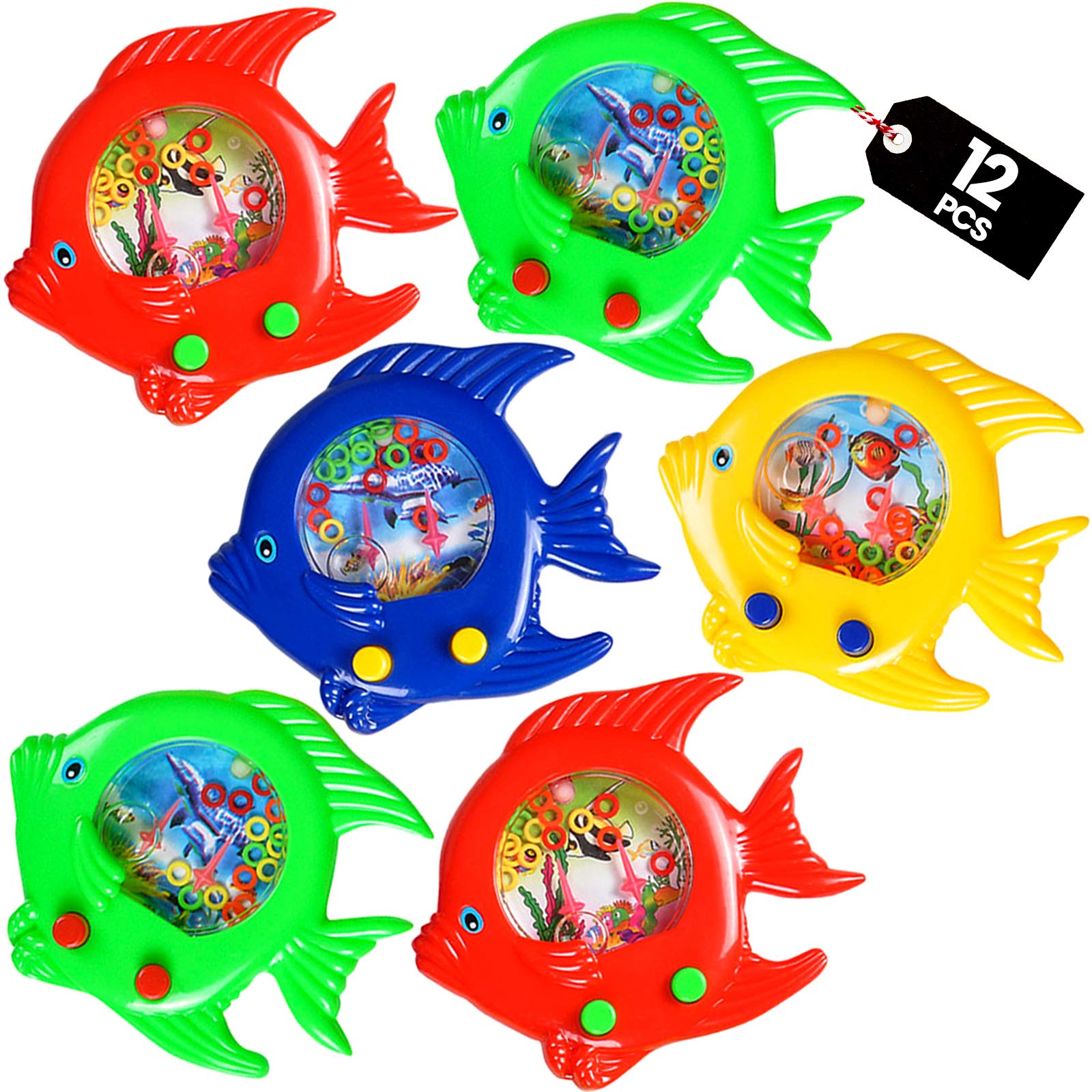 Fish Water Ring Toss Toy - (Pack of 12) Water Ring Game Handheld Fun Aqua Arcade Retro Game Pocket Travel Toys for Car Road Trip Activities for Kids Birthday Party Favors Goodie Bags Stuffers for Kids
